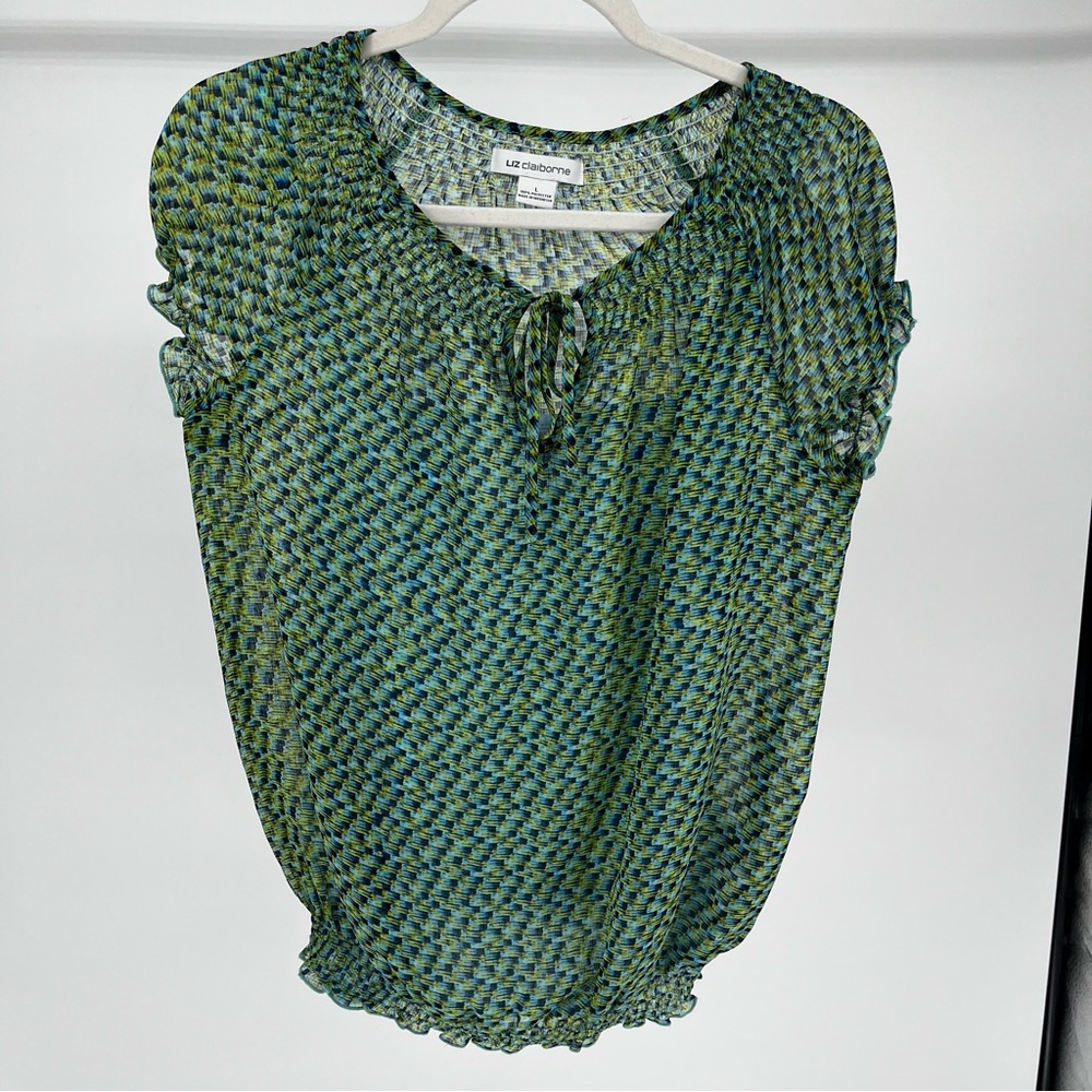 Liz Claiborne Green Patterned Blouse Large
